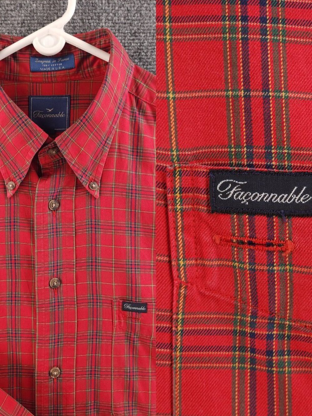 VTG Faconnable Twill Red Cotton Plaid USA Made Logo XLT Button-Down Mens Pocket